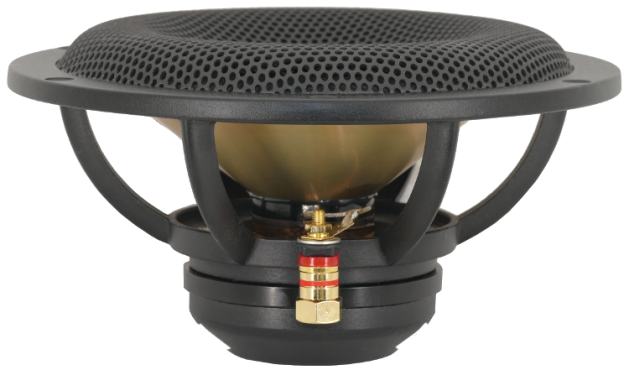 Speaker driver with black surround and gold and red connectors on a white background