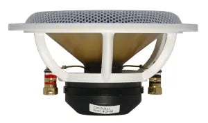 Speaker with a metallic grill on a white background